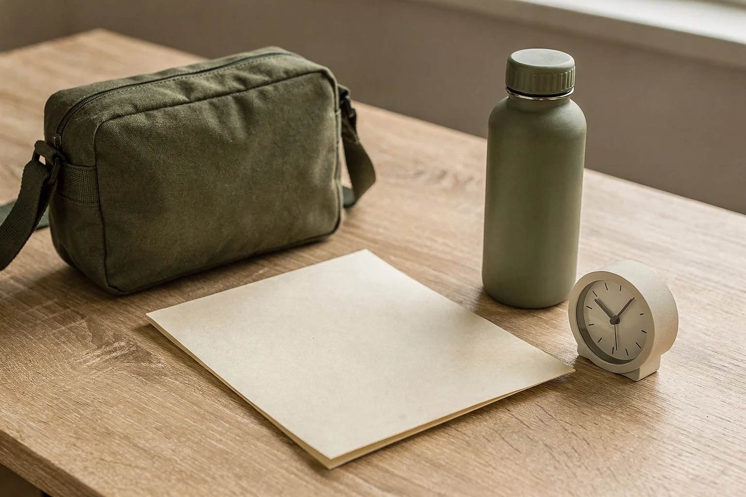 A small travel bag, water bottle and clock on a wooden table